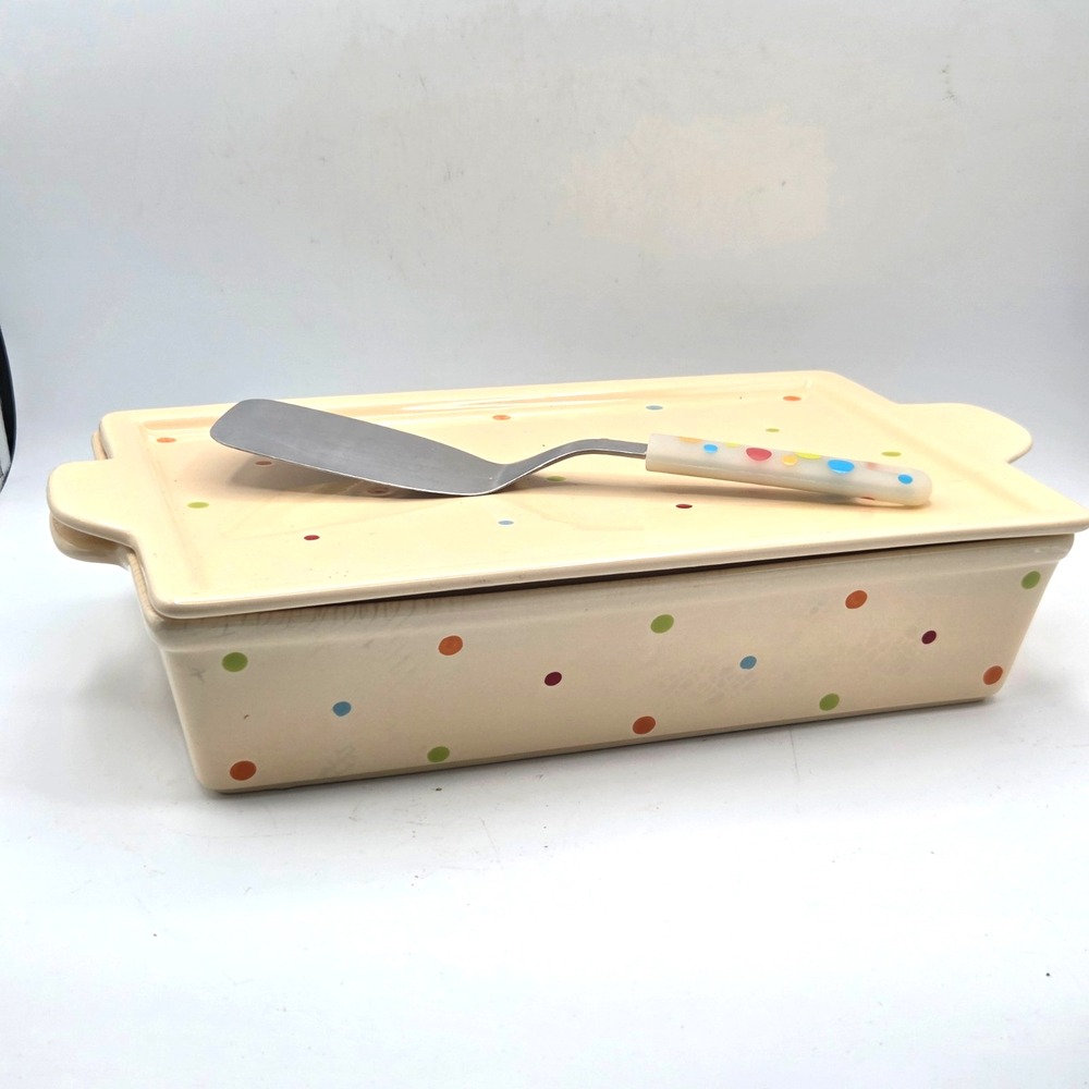 Temptations by Tara Polka Dot Cream (4 QT) Rectangle Casserole w/Lid & Spatula